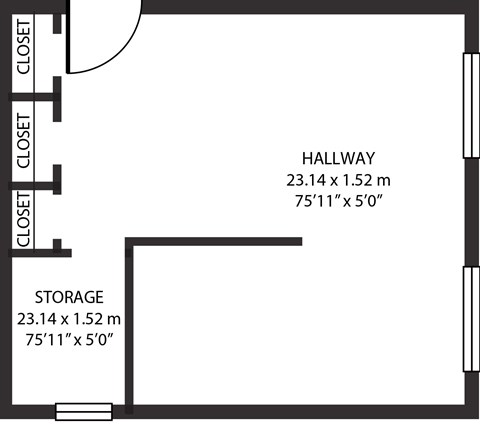 A floor plan of a room with a hallway and storage area.